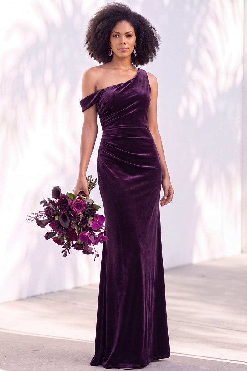 Load image into Gallery viewer, Coffee Mermaid Velvet Ruched One Shoulder Long Wedding Guest Dress