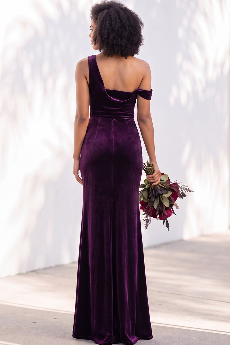 Load image into Gallery viewer, Coffee Mermaid Velvet Ruched One Shoulder Long Wedding Guest Dress