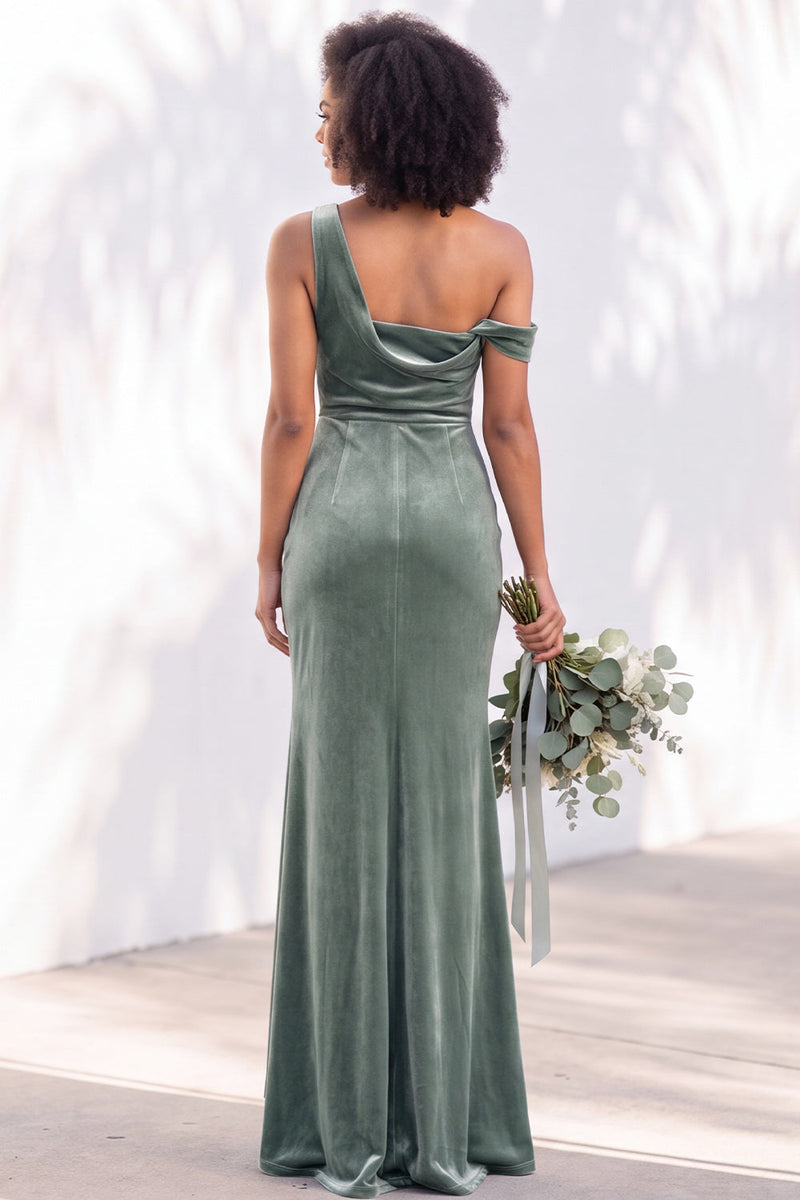 Load image into Gallery viewer, Coffee Mermaid Velvet Ruched One Shoulder Long Wedding Guest Dress