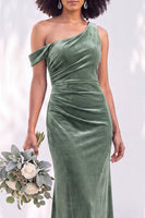 Load image into Gallery viewer, Coffee Mermaid Velvet Ruched One Shoulder Long Wedding Guest Dress