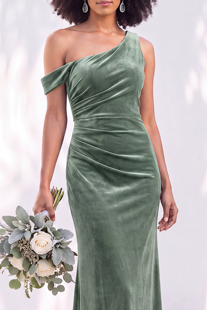 Load image into Gallery viewer, Coffee Mermaid Velvet Ruched One Shoulder Long Wedding Guest Dress