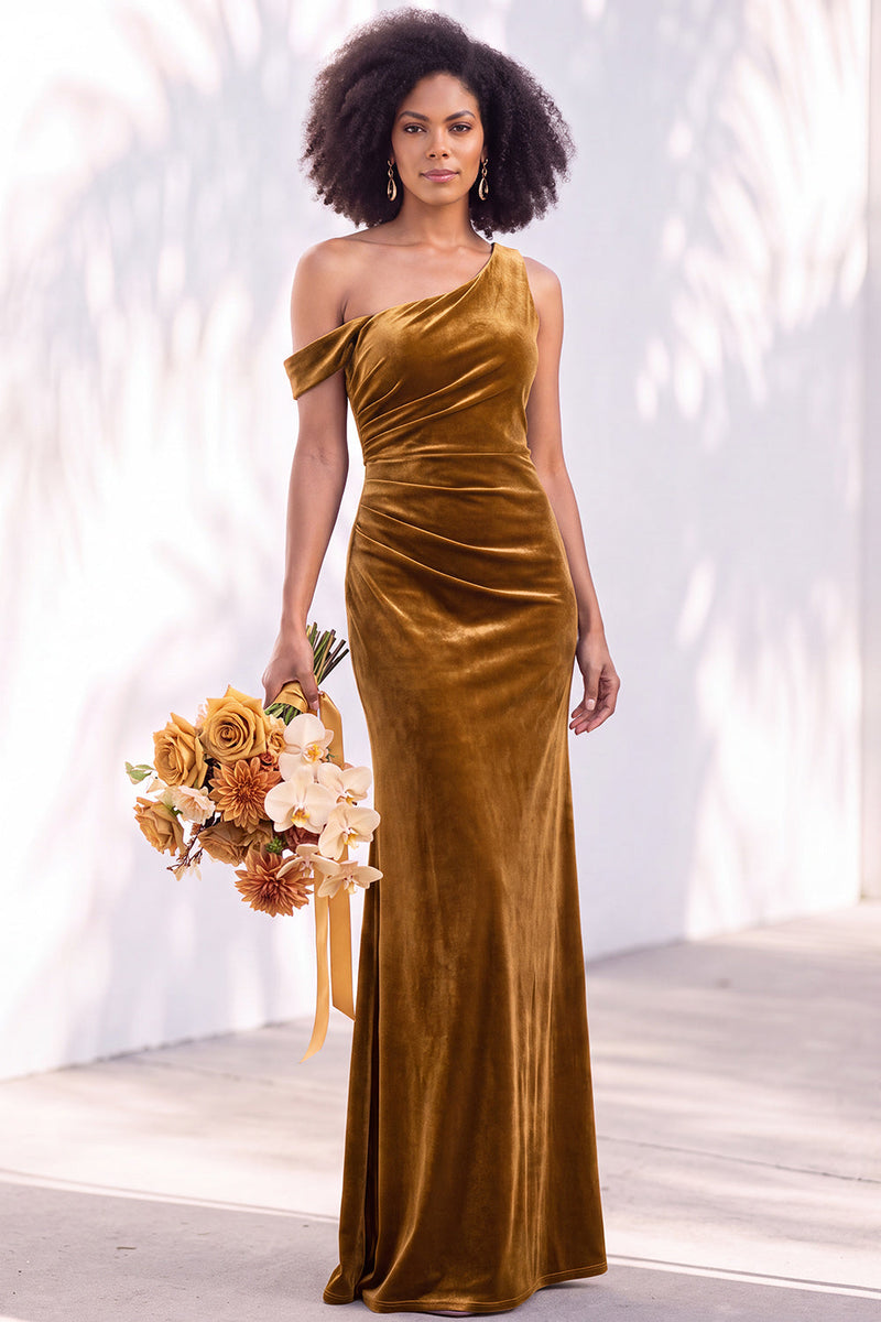 Load image into Gallery viewer, Coffee Mermaid Velvet Ruched One Shoulder Long Wedding Guest Dress