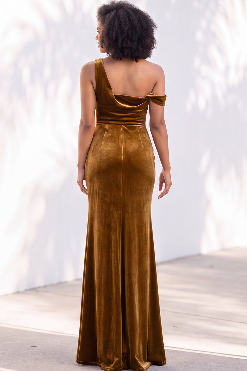 Load image into Gallery viewer, Coffee Mermaid Velvet Ruched One Shoulder Long Wedding Guest Dress