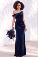 Load image into Gallery viewer, Coffee Mermaid Velvet Ruched One Shoulder Long Wedding Guest Dress