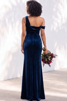 Load image into Gallery viewer, Coffee Mermaid Velvet Ruched One Shoulder Long Wedding Guest Dress