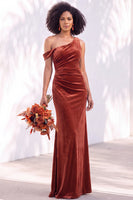 Load image into Gallery viewer, Coffee Mermaid Velvet Ruched One Shoulder Long Wedding Guest Dress