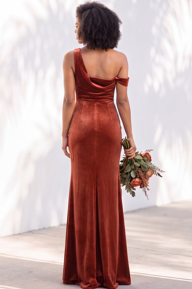 Load image into Gallery viewer, Coffee Mermaid Velvet Ruched One Shoulder Long Wedding Guest Dress