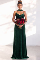 Load image into Gallery viewer, Dark Green Velvet Mermaid Spaghetti Straps Long Wedding Guest Dress
