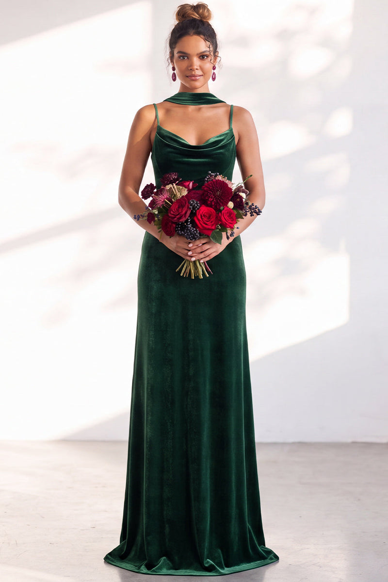 Load image into Gallery viewer, Dark Green Velvet Mermaid Spaghetti Straps Long Wedding Guest Dress