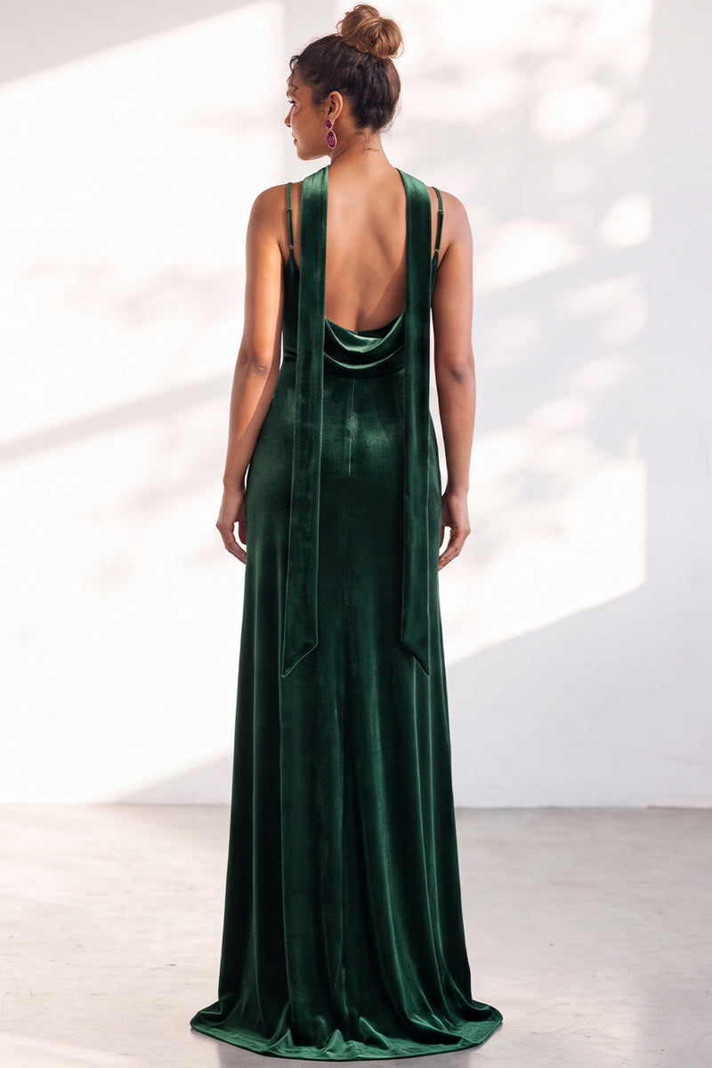 Load image into Gallery viewer, Dark Green Velvet Mermaid Spaghetti Straps Long Wedding Guest Dress
