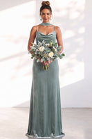 Load image into Gallery viewer, Dark Green Velvet Mermaid Spaghetti Straps Long Wedding Guest Dress