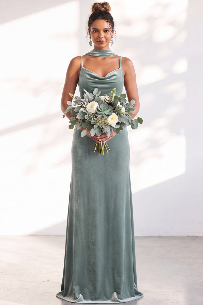 Load image into Gallery viewer, Dark Green Velvet Mermaid Spaghetti Straps Long Wedding Guest Dress