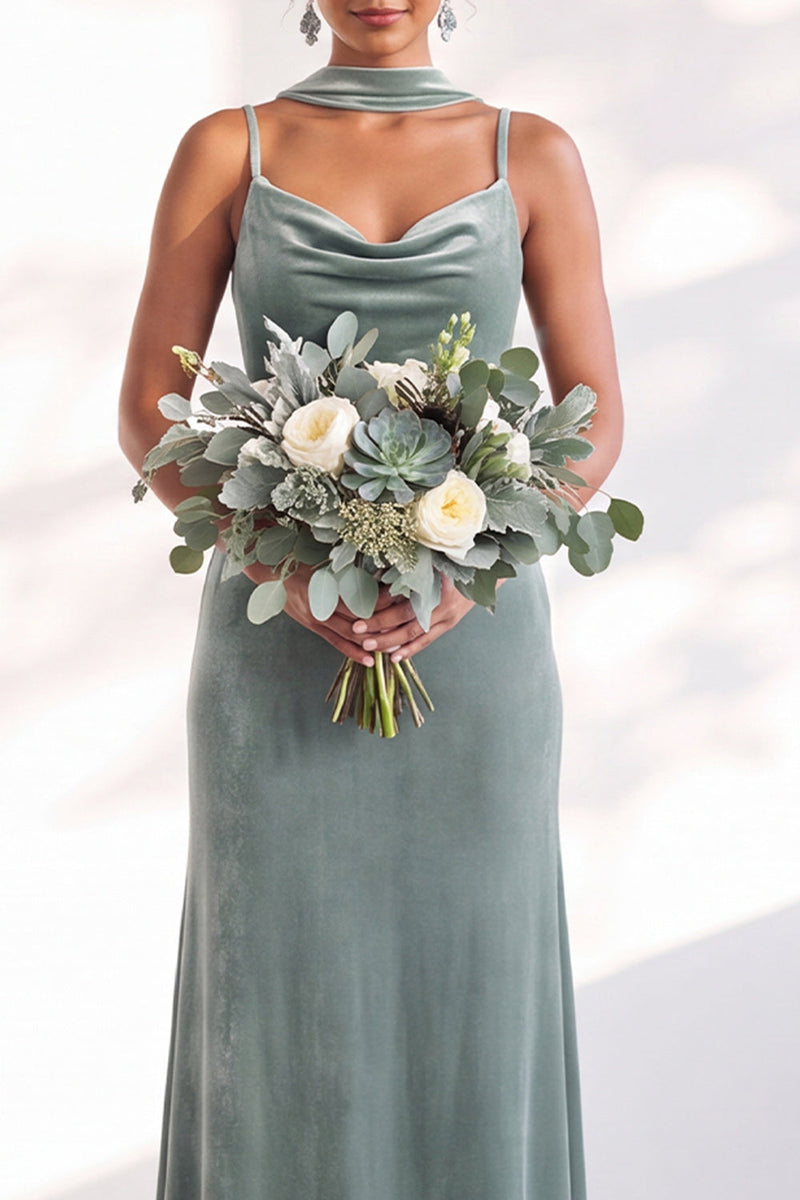 Load image into Gallery viewer, Dark Green Velvet Mermaid Spaghetti Straps Long Wedding Guest Dress