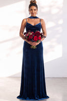 Load image into Gallery viewer, Dark Green Velvet Mermaid Spaghetti Straps Long Wedding Guest Dress