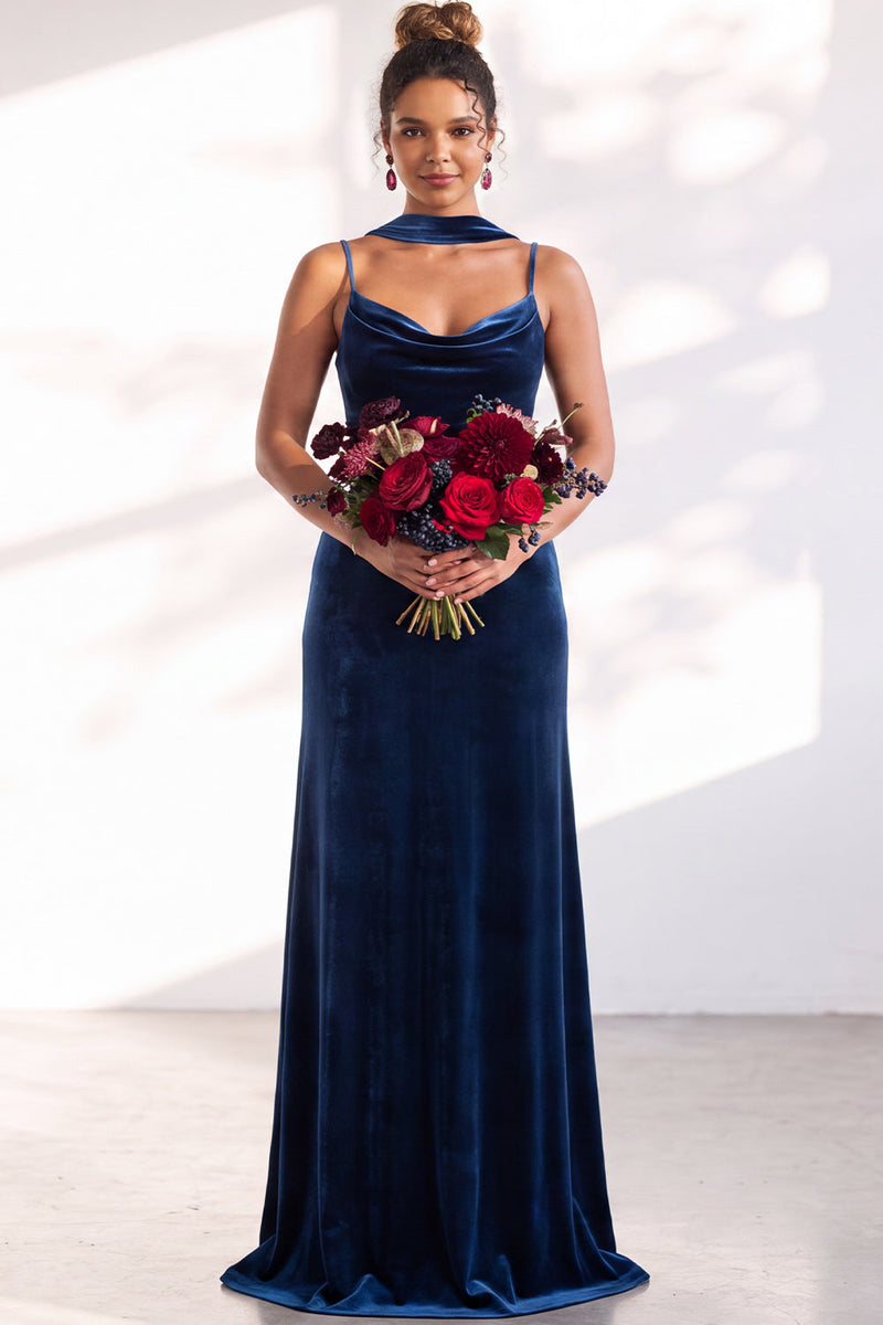 Load image into Gallery viewer, Dark Green Velvet Mermaid Spaghetti Straps Long Wedding Guest Dress