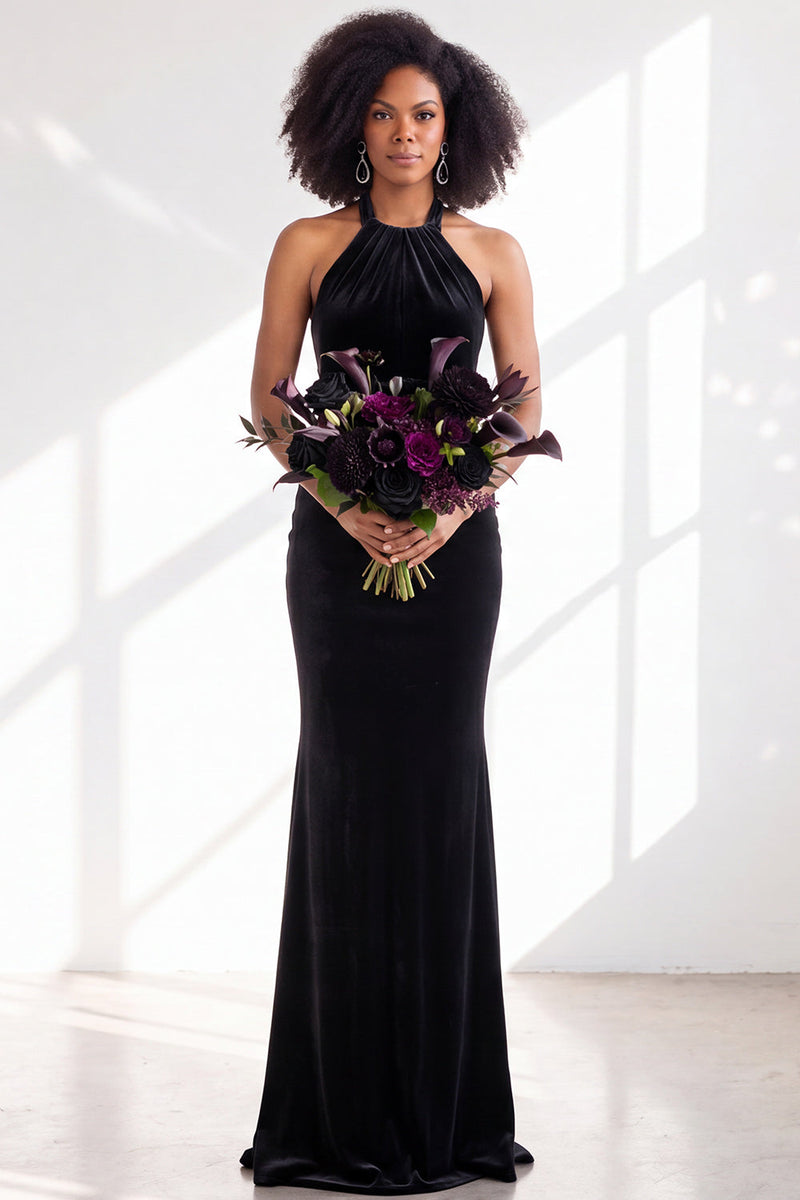 Load image into Gallery viewer, Navy Velvet Hater Neck Mermaid Long Wedding Guest Dress