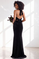 Load image into Gallery viewer, Navy Velvet Hater Neck Mermaid Long Wedding Guest Dress