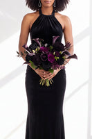 Load image into Gallery viewer, Navy Velvet Hater Neck Mermaid Long Wedding Guest Dress