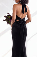 Load image into Gallery viewer, Navy Velvet Hater Neck Mermaid Long Wedding Guest Dress