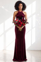 Load image into Gallery viewer, Navy Velvet Hater Neck Mermaid Long Wedding Guest Dress