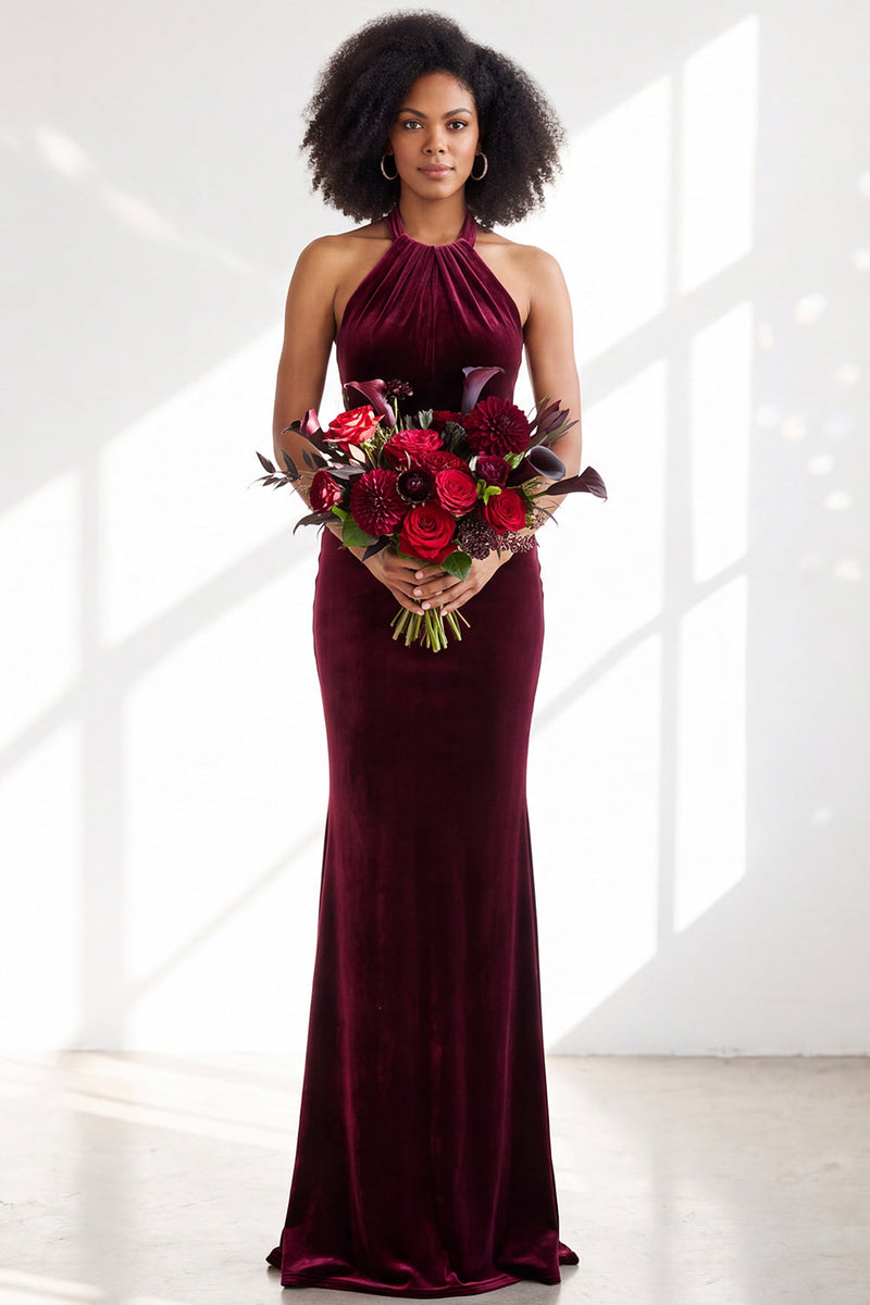 Load image into Gallery viewer, Navy Velvet Hater Neck Mermaid Long Wedding Guest Dress