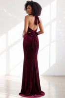 Load image into Gallery viewer, Navy Velvet Hater Neck Mermaid Long Wedding Guest Dress