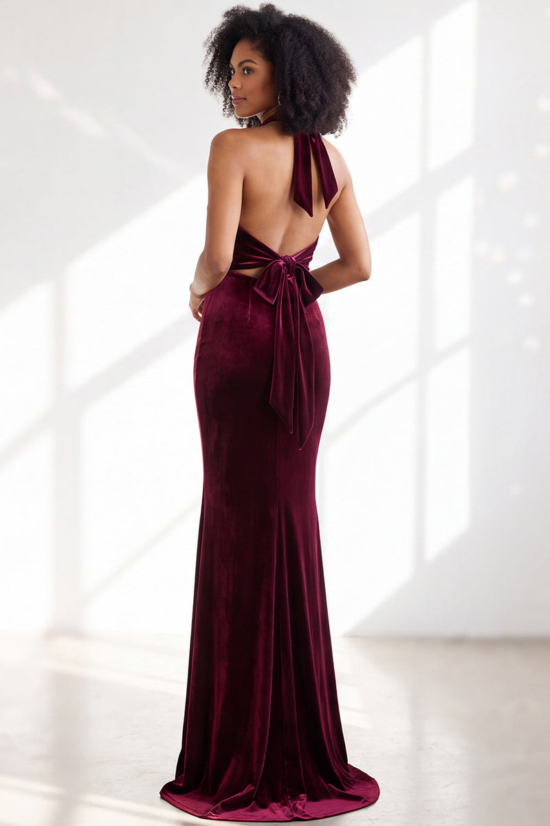 Load image into Gallery viewer, Navy Velvet Hater Neck Mermaid Long Wedding Guest Dress