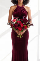 Load image into Gallery viewer, Navy Velvet Hater Neck Mermaid Long Wedding Guest Dress