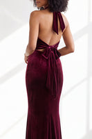 Load image into Gallery viewer, Navy Velvet Hater Neck Mermaid Long Wedding Guest Dress