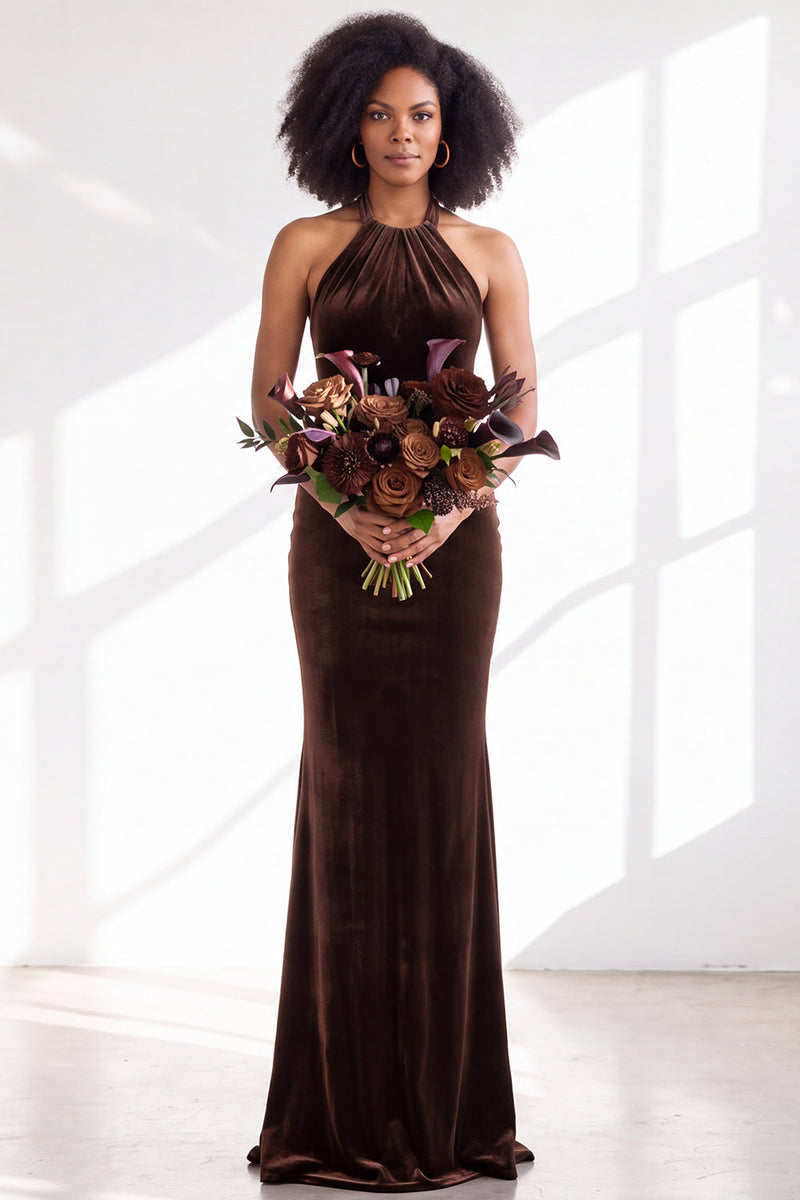 Load image into Gallery viewer, Navy Velvet Hater Neck Mermaid Long Wedding Guest Dress