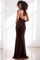 Load image into Gallery viewer, Navy Velvet Hater Neck Mermaid Long Wedding Guest Dress