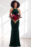Load image into Gallery viewer, Navy Velvet Hater Neck Mermaid Long Wedding Guest Dress