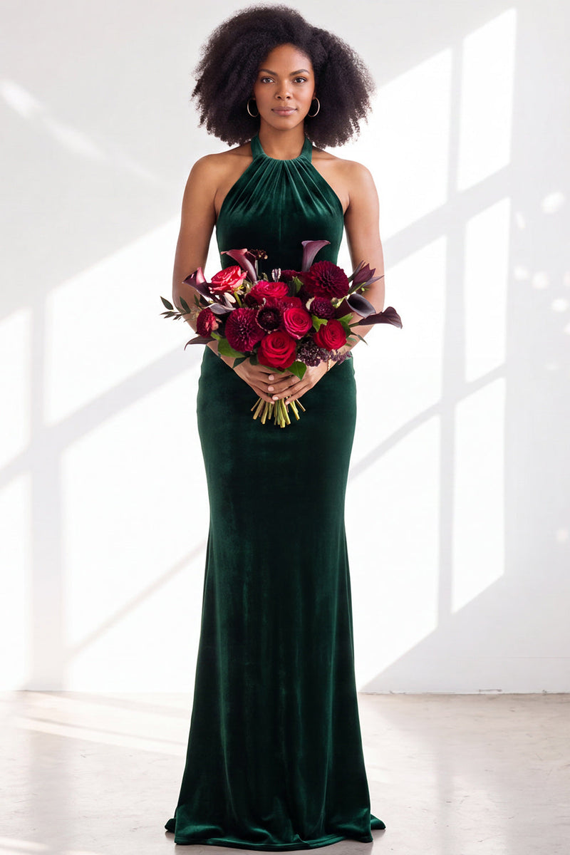 Load image into Gallery viewer, Navy Velvet Hater Neck Mermaid Long Wedding Guest Dress