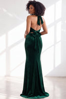 Load image into Gallery viewer, Navy Velvet Hater Neck Mermaid Long Wedding Guest Dress