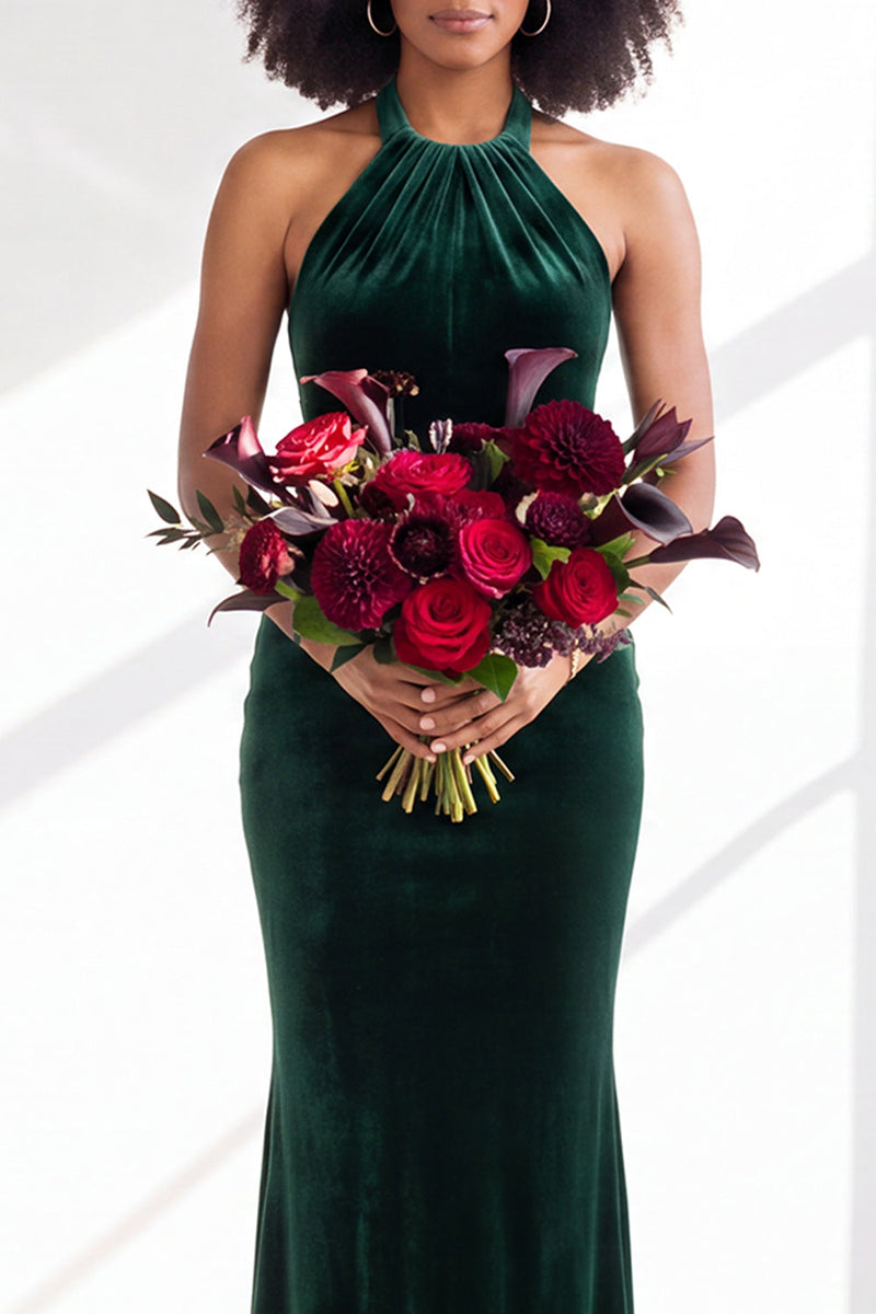Load image into Gallery viewer, Navy Velvet Hater Neck Mermaid Long Wedding Guest Dress