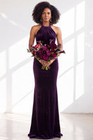 Load image into Gallery viewer, Navy Velvet Hater Neck Mermaid Long Wedding Guest Dress