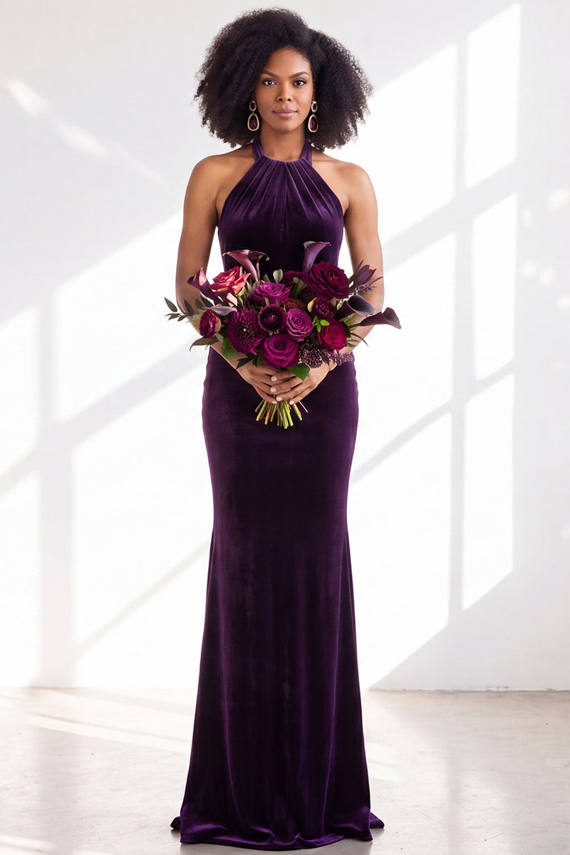 Load image into Gallery viewer, Navy Velvet Hater Neck Mermaid Long Wedding Guest Dress