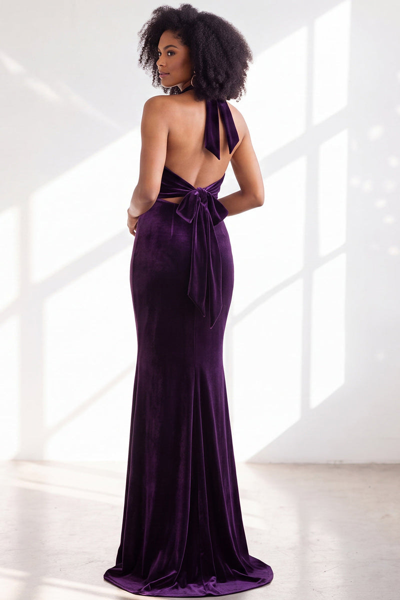 Load image into Gallery viewer, Navy Velvet Hater Neck Mermaid Long Wedding Guest Dress