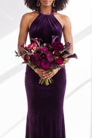 Load image into Gallery viewer, Navy Velvet Hater Neck Mermaid Long Wedding Guest Dress