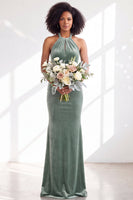 Load image into Gallery viewer, Navy Velvet Hater Neck Mermaid Long Wedding Guest Dress