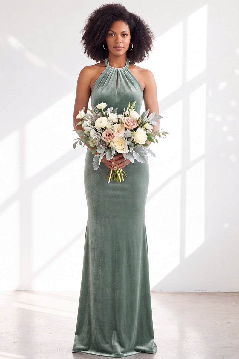 Load image into Gallery viewer, Navy Velvet Hater Neck Mermaid Long Wedding Guest Dress