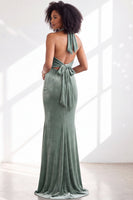 Load image into Gallery viewer, Navy Velvet Hater Neck Mermaid Long Wedding Guest Dress