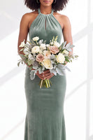 Load image into Gallery viewer, Navy Velvet Hater Neck Mermaid Long Wedding Guest Dress