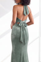 Load image into Gallery viewer, Navy Velvet Hater Neck Mermaid Long Wedding Guest Dress