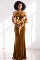 Load image into Gallery viewer, Navy Velvet Hater Neck Mermaid Long Wedding Guest Dress