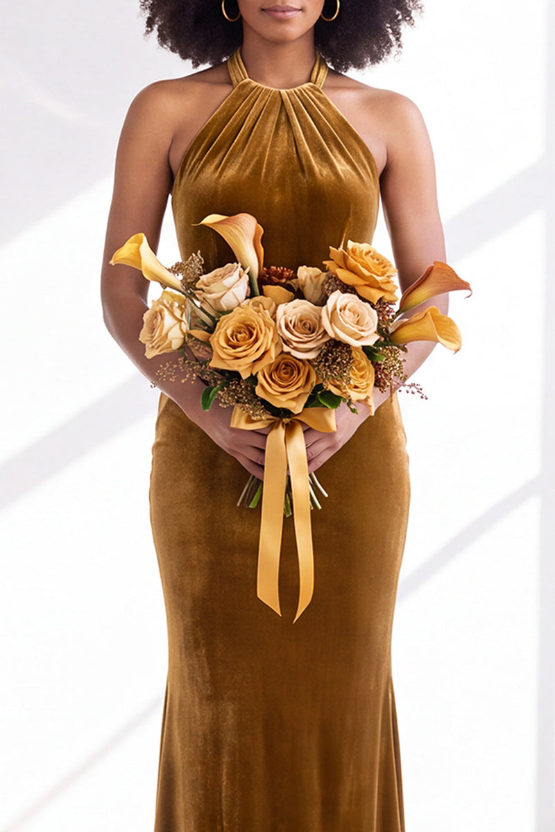Load image into Gallery viewer, Navy Velvet Hater Neck Mermaid Long Wedding Guest Dress