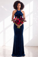Load image into Gallery viewer, Navy Velvet Hater Neck Mermaid Long Wedding Guest Dress