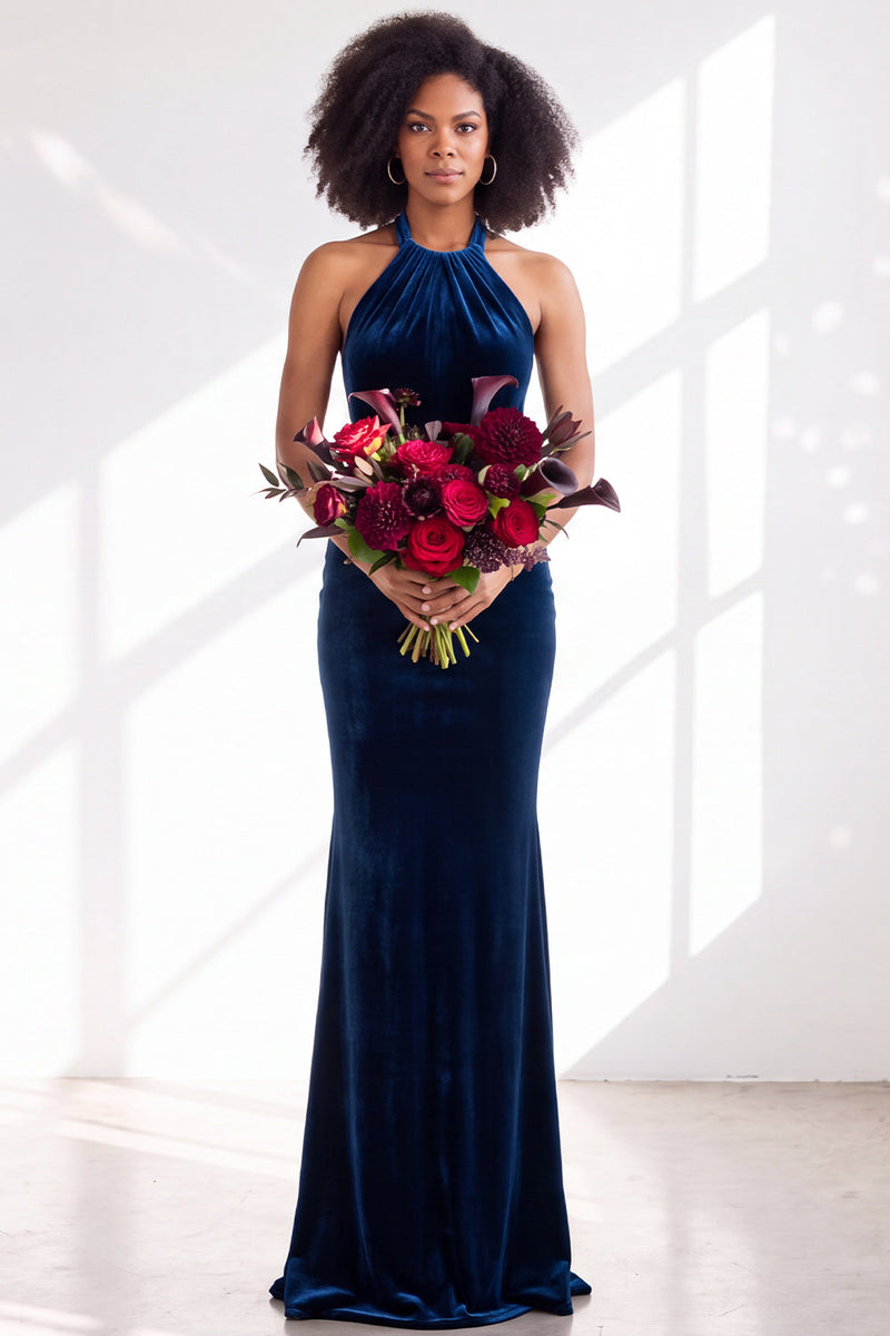 Load image into Gallery viewer, Navy Velvet Hater Neck Mermaid Long Wedding Guest Dress