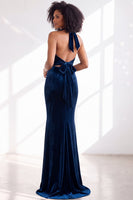 Load image into Gallery viewer, Navy Velvet Hater Neck Mermaid Long Wedding Guest Dress