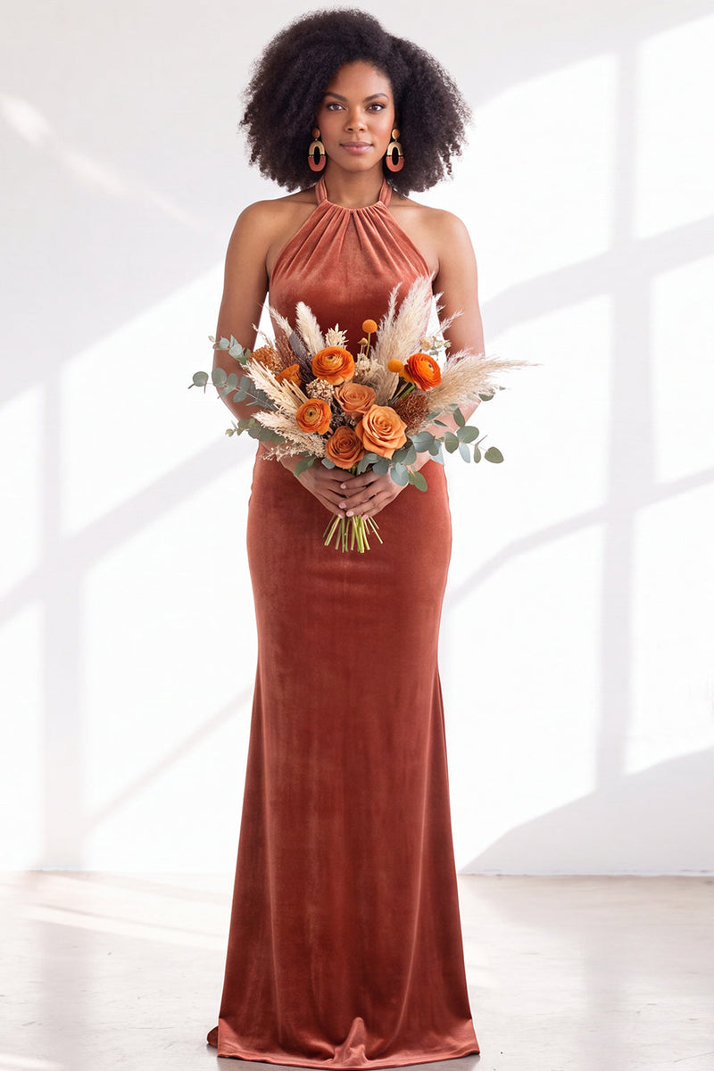 Load image into Gallery viewer, Navy Velvet Hater Neck Mermaid Long Wedding Guest Dress